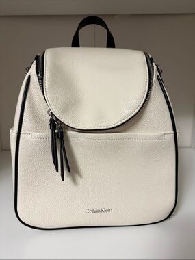 Calvin Klein White Pebble Leather Backpack with Black Trim